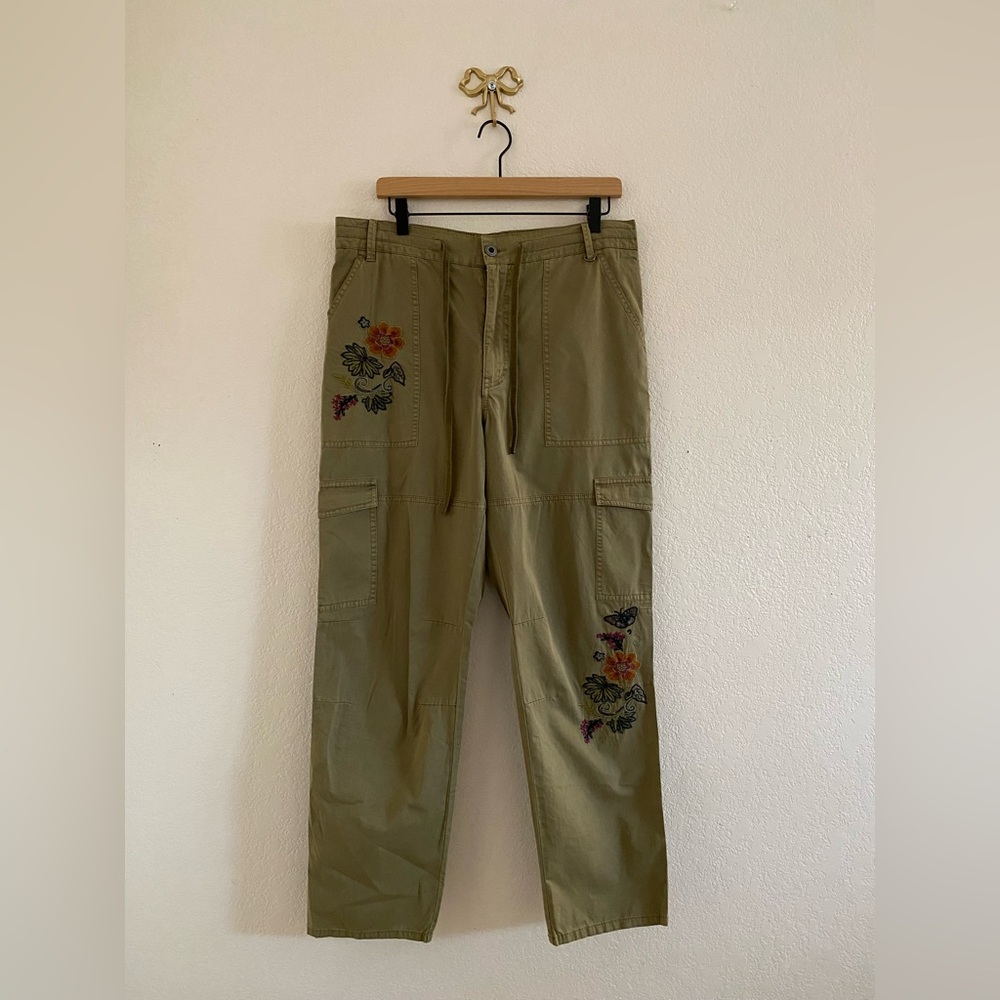 Sundance Pants Womens 12 Green Cargo Embroidered Floral Crop Relaxed Twill